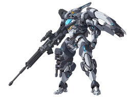 Rule 34 | clenched hand, gun, holding, holding gun, holding weapon, looking down, mecha, no humans, original, rifle, robot, solo, standing, taedu, visor, weapon, white background