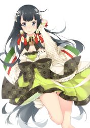 Rule 34 | 10s, 1girl, anchor choker, black bow, black hair, blue eyes, bow, breasts, cleavage, detached collar, detached sleeves, dress, ello, floral print, flower, furisode, green dress, hair flower, hair ornament, hair ribbon, hair tubes, hand in own hair, highres, japanese clothes, kantai collection, kimono, large breasts, leg up, long hair, long sleeves, looking at viewer, mizuho (kancolle), multicolored clothes, multicolored dress, obi, pleated skirt, red ribbon, ribbon, sash, sidelocks, simple background, skirt, smile, solo, standing, standing on one leg, thighs, very long hair, white background, white dress