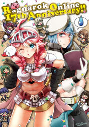 Rule 34 | 4girls, 5boys, ahoge, alchemist (ragnarok online), anniversary, armor, assassin (ragnarok online), bandages, belt, beret, black gloves, black pants, black shirt, blowing kiss, blue eyes, blue hair, blush, boobplate, book, braid, breastplate, breasts, brown belt, brown coat, brown skirt, capelet, character request, chibi, chibi inset, closed mouth, coat, commentary request, confetti, copyright name, cowboy shot, crop top, crusader (ragnarok online), dated, gauntlets, glasses, gloves, green capelet, green hair, gunslinger (ragnarok online), hair over shoulder, hat, heart, highres, holding, holding book, large breasts, long hair, looking at viewer, lord knight (ragnarok online), midriff, multiple boys, multiple girls, navel, one eye closed, open book, open mouth, paladin (ragnarok online), pants, pauldrons, pink hair, poring, purple eyes, purple shirt, ragnarok online, shirt, short hair, short sleeves, shoulder armor, side braids, signature, skirt, sleeveless, sleeveless shirt, smile, spoken sweatdrop, sweatdrop, tabard, takaha momo, underboob, vendor from milk ranch, visor (armor), white belt, white headwear