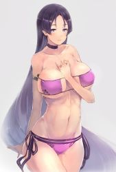 Rule 34 | 1girl, armlet, bare shoulders, bikini, blush, breasts, choker, collarbone, commentary request, cowboy shot, eyepatch bikini, fate/grand order, fate (series), grey background, half-closed eyes, hand on own chest, hip focus, huge breasts, long hair, looking at viewer, minamoto no raikou (fate), minamoto no raikou (fate/grand order), minamoto no raikou (swimsuit lancer) (fate), navel, parted bangs, purple bikini, purple eyes, purple hair, side-tie bikini bottom, side-tie bottom, simple background, smile, solo, sumisu (mondo), swimsuit, thighs, very long hair