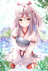 Rule 34 | 1girl, absurdres, between legs, brown eyes, closed mouth, commentary request, detached sleeves, fuuna, grey hair, hachimaki, hair between eyes, hand between legs, headband, high ponytail, highres, japanese clothes, kantai collection, kimono, long hair, looking at viewer, muneate, outdoors, partially submerged, pleated shorts, red shorts, shorts, sitting, smile, solo, wariza, white kimono, wide sleeves, zuihou (kancolle)