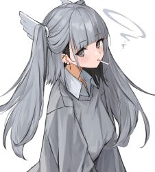 Rule 34 | 1girl, absurdres, blunt bangs, blush, breasts, cigarette, collared shirt, commentary request, earrings, grey eyes, grey hair, grey sweater, highres, jewelry, long hair, long sleeves, looking at viewer, mouth hold, original, shiro wa (shiroshironix), shirt, simple background, small breasts, smoke, smoking, solo, sweater, twintails, upper body, very long hair, white background, white shirt, wing hair ornament