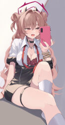 Rule 34 | 1girl, black choker, black skirt, blue archive, blush, bra, breasts, cellphone, choker, cleavage, collarbone, double bun, fake horns, fang, fingernails, hair bun, halo, highres, holding, holding phone, horns, jewelry, kirara (blue archive), kumoi sora, large breasts, long fingernails, long hair, nail polish, necklace, open mouth, phone, pink eyes, pink hair, red bra, red halo, red nails, short sleeves, skirt, smartphone, socks, solo, thigh strap, underwear, white socks