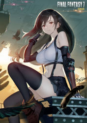 Rule 34 | 1girl, artist name, bad id, bad pixiv id, bare shoulders, bird, black skirt, blush, breasts, brown eyes, brown hair, collarbone, commentary request, copyright name, earrings, elbow gloves, feathers, final fantasy, final fantasy vii, fingerless gloves, from below, gloves, highres, jewelry, large breasts, long hair, looking at viewer, low-tied long hair, midriff, navel, outdoors, red eyes, siino, sitting, skirt, smile, solo, suspender skirt, suspenders, tank top, tifa lockhart