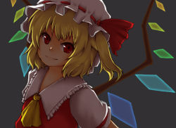 Rule 34 | 1girl, ascot, blonde hair, dress, flandre scarlet, grey background, hat, hat ribbon, looking at viewer, mob cap, open mouth, red dress, red eyes, ribbon, ringed eyes, shirt, short hair, short sleeves, side ponytail, simple background, smile, solo, toriaezu shouyu, touhou, upper body, vest, wings