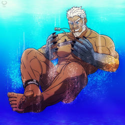 Rule 34 | 1boy, abs, aegir (housamo), aqua hair, bara, beard, blue eyes, commentary, completely nude, convenient leg, dark-skinned male, dark skin, english commentary, facial hair, fingernails, fins, fish boy, full body, giant, giant male, grin, large pectorals, leomon32, male focus, mature male, multicolored hair, muscular, muscular male, navel, navel hair, nipples, nude, pectorals, sharp fingernails, short hair, smile, solo, stomach, streaked hair, submarine, thick eyebrows, thick thighs, thighs, tokyo houkago summoners, underwater, watercraft, white hair