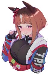 Rule 34 | 1girl, animal ears, black hair, blunt ends, breasts, brown hair, commentary, ear ornament, enumiyaa, fanny pack, fingerless gloves, gloves, gradient hair, headphones, headphones around neck, highres, horse ears, horse girl, large breasts, long sleeves, looking at viewer, multicolored hair, nervous smile, off shoulder, pulled by self, red eyes, shirt, short hair, simple background, small breasts, smile, solo, strap pull, streaked hair, transcend (umamusume), umamusume, upper body, w, white background, white hair