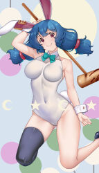 Rule 34 | 1girl, animal ears, black footwear, black thighhighs, blue hair, bow, bowtie, breasts, cleavage, closed mouth, commentary request, crescent, earclip, green bow, green bowtie, hataraki kuma, highres, holding, kine, leotard, long hair, low twintails, mallet, medium breasts, multicolored background, rabbit ears, rabbit girl, rabbit tail, red eyes, seiran (touhou), single thighhigh, smile, solo, star (symbol), tail, thighhighs, touhou, twintails, variant set, white leotard, wrist cuffs