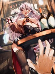 Rule 34 | 1girl, 1other, :d, absurdres, alcohol, bare shoulders, black dress, black nails, black thighhighs, blurry, bottle, breasts, cleavage, cup, depth of field, detached sleeves, dress, drinking glass, fingernails, halter dress, halterneck, highres, holding, holding cup, hololive, hololive english, impossible clothes, impossible dress, indoors, large breasts, long hair, looking at viewer, maruno ball, mori calliope, nail polish, open mouth, pink hair, pov, pov hands, see-through, see-through sleeves, side slit, single detached sleeve, single thighhigh, sleeveless, sleeveless dress, smile, straight hair, teeth, thighhighs, tiara, upper teeth only, veil, very long hair, virtual youtuber, wine, wine bottle, wine glass