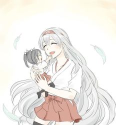 Rule 34 | 10s, 2girls, :d, ^ ^, black legwear, chibi, closed eyes, commentary request, feathers, grey hair, hairband, hakama, hakama skirt, japanese clothes, kantai collection, long hair, multiple girls, open mouth, red hakama, red skirt, short sleeves, shoukaku (kancolle), simple background, skirt, smile, tee (comoti18184), very long hair, white background, white hair, zuikaku (kancolle)