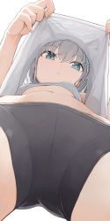 Rule 34 | 1girl, black shorts, blue archive, blue eyes, breasts, clothes lift, cross hair ornament, from below, grey hair, hair ornament, highres, hiroki (yyqw7151), lifted by self, looking at viewer, navel, shiroko (blue archive), shirt, shirt lift, shorts, small breasts, solo, stomach, upshirt, white background, white shirt