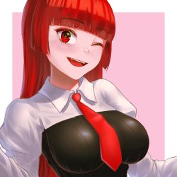Rule 34 | 1girl, :d, absurdres, alternate breast size, black shirt, breasts, cipher4109, commentary, english commentary, fangs, highres, hololive, hololive indonesia, kureiji ollie, large breasts, long hair, long sleeves, looking at viewer, necktie, olivia (kureiji ollie), one eye closed, open mouth, red eyes, red hair, red necktie, shirt, smile, teacher, virtual youtuber, white shirt