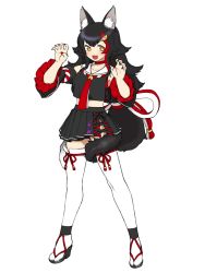 Rule 34 | :3, :d, animal ear fluff, animal ears, black hair, black ribbon, black shirt, black skirt, breasts, choker, claw pose, collarbone, crop top, detached sleeves, fang, fingernails, geta, hair between eyes, hair ornament, hands up, highres, hololive, legs apart, long fingernails, long hair, long sleeves, looking away, looking to the side, medium breasts, miniskirt, multicolored hair, nail polish, okunin, ookami mio, ookami mio (1st costume), open mouth, pleated skirt, red choker, red hair, red nails, red ribbon, ribbon, rope, sailor collar, school uniform, serafuku, shimenawa, shirt, skin fang, skirt, smile, solo, standing, tail, thighhighs, two-tone hair, v-shaped eyebrows, virtual youtuber, white sailor collar, white thighhighs, wolf ears, wolf girl, wolf tail, yellow eyes, zettai ryouiki