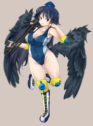 Rule 34 | 1girl, absurdres, armpit peek, armpits, beige background, bird wings, black wings, blue hair, blue leotard, boots, breasts, brown background, commission, competition swimsuit, covered navel, cross-laced footwear, elbow pads, feathered wings, gem, gluteal fold, grey background, hat, highres, holding tripod, iizunamaru megumu, jyaoh0731, knee guards, knee pads, large breasts, leotard, long hair, navel, one-piece swimsuit, pixiv commission, pointy ears, red eyes, simple background, smile, solo, swimsuit, tokin hat, touhou, tripod, wings