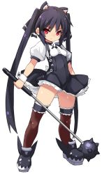 Rule 34 | 1girl, animal ear fluff, animal ears, black dress, black footwear, black hair, black ribbon, breasts, brown thighhighs, cat ears, closed mouth, covered navel, dress, full body, hair ribbon, highres, holding, holding weapon, karukan (monjya), kooh, long hair, looking at viewer, mace, pangya, panties, parted bangs, puffy short sleeves, puffy sleeves, red eyes, ribbon, shirt, shoes, short sleeves, simple background, sleeveless, sleeveless dress, small breasts, solo, standing, striped clothes, striped panties, thighhighs, twintails, underwear, very long hair, weapon, white background, white shirt