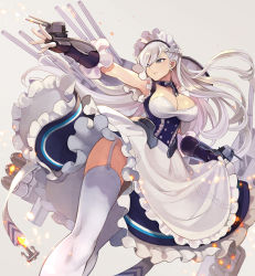 Rule 34 | 1girl, apron, armpits, azur lane, belfast (azur lane), blue eyes, braid, breasts, cannon, chain, cleavage, closed mouth, collar, collarbone, corset, dress, firing, french braid, frills, garter straps, gloves, highres, large breasts, light particles, long hair, looking at viewer, looking away, machinery, maid, maid headdress, outstretched arm, rigging, silver hair, solo, thighhighs, thighs, torpedo launcher, turret, white gloves, white thighhighs, yuko (uc yuk)