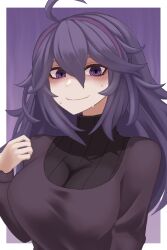 Rule 34 | 1girl, @ @, absurdres, ahoge, alternate breast size, bags under eyes, black sweater, blush, border, breasts, closed mouth, commentary, creatures (company), game freak, hair between eyes, hairband, hand up, hex maniac (pokemon), highres, large breasts, long hair, long sleeves, looking at viewer, messy hair, nervous, nervous smile, nintendo, outside border, pokemon, pokemon xy, purple eyes, purple hair, purple hairband, ribbed sweater, smile, solo, subaratowa, sweat, sweater, turtleneck, turtleneck sweater, upper body, wavy mouth, white border