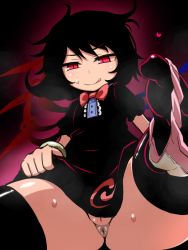 Rule 34 | 1girl, :q, anus, asymmetrical wings, bad id, bad pixiv id, black dress, black hair, black thighhighs, blue wings, blush, bow, bowtie, buttons, center frills, cleft of venus, closed mouth, commentary request, dress, foot out of frame, frilled dress, frills, hakika, heart, houjuu nue, licking lips, looking at viewer, no shoes, panties, panties around leg, pink panties, pussy, red bow, red bowtie, red eyes, red wings, short dress, short hair, short sleeves, smile, snake, solo, sweat, thighhighs, tongue, tongue out, touhou, underwear, wings
