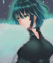 Rule 34 | 1girl, black dress, breasts, commentary request, dress, dyson (edaokunnsaikouya), female focus, fubuki (one-punch man), fur trim, green eyes, green hair, large breasts, matching hair/eyes, md5 mismatch, one-punch man, short hair, solo