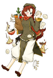 Rule 34 | 1girl, amonitto, bag, baozi, blue eyes, blush, carrot, chinese clothes, cucumber, dumpling, food, fried rice, grocery bag, hat, holding, holding bag, holding food, hong meiling, jacket, jiaozi, kamaboko, long hair, long sleeves, narutomaki, noodles, one eye closed, pants, paper bag, parted bangs, plate, ramen, red hair, scarf, shoes, shopping bag, smile, solo, spring onion, touhou, very long hair