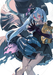 Rule 34 | 1boy, 1girl, absurdres, armor, black dress, black headwear, blue hair, clawed gauntlets, doll joints, dress, elbow gloves, frilled dress, frills, gauntlets, gloves, glowing, glowing eyes, granblue fantasy, hair between eyes, hat, highres, jewelry, joints, long hair, mask, nao (syn eaa), necklace, parted lips, pink eyes, puppet, puppet strings, purple eyes, purple gloves, string, stuffed animal, stuffed toy, twintails, white hair
