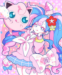 Rule 34 | 1girl, absurdres, blue bow, blue eyes, blue hair, blue skirt, bow, candy, choker, colored eyelashes, commentary request, cotton candy, creatures (company), curly hair, earrings, fairy miku (project voltage), flower, food, game freak, gen 1 pokemon, hair flower, hair ornament, hands on own cheeks, hands on own face, hatsune miku, heart, heart choker, highres, ice cream, itsuri (pipi supika), jewelry, jigglypuff, lollipop, long hair, long sleeves, looking at viewer, loose socks, miniskirt, multicolored hair, neckerchief, nintendo, outline, pink background, pink choker, pink footwear, pink hair, pink sweater, pink theme, plaid, plaid skirt, pokemon, pokemon (creature), project voltage, red flower, scrunchie, sidelocks, skirt, smile, socks, standing, standing on one leg, sweater, swirl lollipop, tongue, tongue out, twintails, two-tone hair, very long hair, vocaloid, white bag, white neckerchief, white outline, white socks, wrist scrunchie, yellow flower, yellow scrunchie