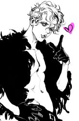 Rule 34 | 1boy, androgynous, as (ashes), belt, feather boa, gloves, half gloves, hand on own hip, heart, looking at viewer, male focus, mole, mole under mouth, monochrome, original, pink theme, puckered lips, topless male, simple background, solo, spot color, tareme, upper body, wavy hair, white background