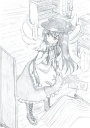 Rule 34 | 1girl, :&lt;, angel wings, apron, blouse, blush, boots, bow, bowtie, closed mouth, collar, collared shirt, commentary request, cross-laced footwear, food, frilled shirt, frilled skirt, frills, from above, fruit, full body, graphite (medium), greyscale, hat, highres, hinanawi tenshi, lace-up boots, leaf, leaning forward, long hair, looking away, mahiro (akino-suisen), mall, mirror, monochrome, one-hour drawing challenge, peach, petticoat, puffy short sleeves, puffy sleeves, shelf, shirt, shop, short sleeves, sidelocks, sign, skirt, solo, standing, touhou, traditional media, translation request, very long hair, wings