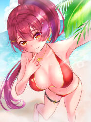 Rule 34 | 1girl, absurdres, arm up, armpits, arrow through heart, beach, bikini, blush, breasts, cleavage, closed mouth, collarbone, earrings, finger to face, gold necklace, grin, halterneck, heart, heart earrings, heart necklace, heterochromia, high ponytail, highres, hololive, houshou marine, houshou marine (summer), jewelry, large breasts, long hair, looking at viewer, navel, necklace, o-ring, o-ring thigh strap, ocean, official alternate costume, official alternate hair length, official alternate hairstyle, palm leaf, ponytail, red bikini, red eyes, red hair, sideboob, smile, solo, string bikini, swimsuit, thigh gap, thigh strap, very long hair, virtual youtuber, wet, yano ato, yellow eyes