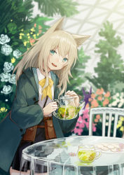 Rule 34 | 1girl, absurdres, animal ears, arknights, ascot, belt pouch, black skirt, blonde hair, blurry, blurry background, chair, coat, collar, collared shirt, commentary, cookie, cowboy shot, dog ears, dog girl, flower, food, garden, glass table, green coat, green eyes, green tea, greenhouse, herb, highres, holding, holding teapot, long hair, long sleeves, looking at viewer, miike (992058), open clothes, open coat, open mouth, podenco (arknights), pouch, shirt, skirt, smile, solo, table, tea, teapot, teeth, upper teeth only, white shirt, yellow ascot