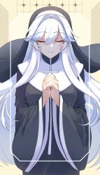 Rule 34 | 1girl, black robe, border, closed eyes, commentary, cross, cross earrings, earrings, english commentary, habit, hair intakes, jewelry, long hair, nun, original, own hands clasped, own hands together, praying, robe, saint udon, smile, solo, udon-udon, very long hair, white hair, wide sleeves