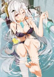 Rule 34 | 1girl, ;), ;p, arknights, bad id, bad pixiv id, barefoot, bathtub, between breasts, bikini, bikini pull, black bikini, blush, bodhi wushushenghua, breasts, clothes pull, commentary, faucet, feet out of frame, food, foreshortening, front-tie bikini top, front-tie top, hair ornament, indoors, large breasts, long hair, looking at viewer, no headwear, o-ring, o-ring bikini, one eye closed, popsicle, pulling own clothes, red eyes, rubber duck, silver hair, sitting, skadi (arknights), smile, solo, swimsuit, tongue, tongue out, water, whale hair ornament
