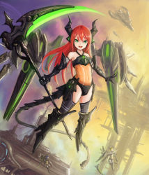 Rule 34 | &gt;:d, 1girl, :d, bare shoulders, cloud, covered navel, floating, full body, gauntlets, green eyes, highres, holding, holding weapon, horns, kai (ootamuno12), long hair, looking at viewer, mecha musume, midriff, open mouth, original, outstretched arms, red hair, science fiction, scythe, see-through, smile, solo focus, spacecraft, striker unit, tail, v-shaped eyebrows, weapon