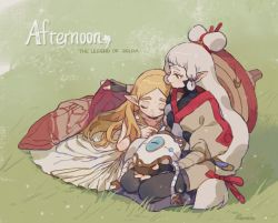 Rule 34 | 2girls, blanket, blonde hair, copyright name, dress, english text, fingerless gloves, forehead tattoo, gloves, grass, hair bun, highres, hyrule warriors: age of calamity, impa, leaning on person, looking at another, multiple girls, nintendo, pointy ears, princess zelda, rerain, seiza, sheikah, silver hair, single hair bun, sitting, sleeping, sleeping on person, terrako, the legend of zelda, the legend of zelda: breath of the wild
