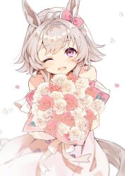 Rule 34 | 1girl, :d, absurdres, animal ears, backlighting, bare shoulders, bouquet, bow, braid, crown braid, curren chan (umamusume), flower, grey hair, hair bow, highres, horse ears, horse girl, horse tail, light blush, looking at viewer, one eye closed, open mouth, purple eyes, red flower, red rose, rose, short hair, smile, tail, umamusume, upper body, usukawa (uskw sr), white background, white flower, white rose