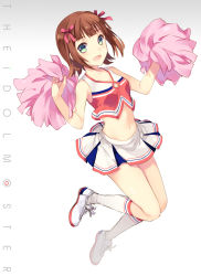 Rule 34 | 1girl, :d, amami haruka, bad id, bad pixiv id, blush, breasts, brown hair, cheerleader, cleavage, cleavage cutout, clothing cutout, crop top, crop top overhang, green eyes, hair ribbon, idolmaster, idolmaster (classic), jumping, kneehighs, looking at viewer, microskirt, midriff, navel, open mouth, pleated skirt, pom pom (cheerleading), ribbon, short hair, skirt, smile, socks, solo, striped clothes, striped skirt, tousaki umiko, white skirt