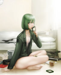 Rule 34 | 1girl, alternate hair length, alternate hairstyle, aqua eyes, aqua hair, bed, bob cut, book, book stack, bottomless, bra, cable, computer, crossed legs, cup, digital media player, earbuds, earphones, hatsune miku, highres, jacket, laptop, long sleeves, looking at viewer, mug, nightgown, plant, potted plant, short hair, sitting, solo, takai, underwear, vocaloid