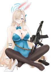 Rule 34 | 1girl, ak-105, animal ears, assault rifle, asuna (blue archive), asuna (bunny) (blue archive), black pantyhose, blue archive, blue bow, blue bowtie, blue halo, blue leotard, blue ribbon, bow, bowtie, breasts, bullet, cleavage, detached collar, elcan scope, fake animal ears, fte (fifteen 199), gloves, grin, gun, hair over one eye, hair ribbon, halo, highres, holding, holding gun, holding weapon, kalashnikov rifle, large breasts, leotard, looking at viewer, official alternate costume, pantyhose, rabbit ears, ribbon, rifle, simple background, smile, solo, strapless, strapless leotard, weapon, white background, white gloves