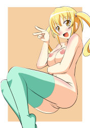 Rule 34 | 1girl, bad id, bad nijie id, blonde hair, blush, breasts, cleft of venus, copyright request, large breasts, naruse mai, nipples, nude, open mouth, pussy, smile, solo, thighhighs, twintails, uncensored, yellow eyes