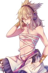 Rule 34 | 1girl, anklet, bad id, bad pixiv id, bandages, bare arms, bare shoulders, belt, black belt, blonde hair, blouse, blush, bracelet, breasts, collarbone, commentary request, covered erect nipples, earmuffs, eyes visible through hair, hair between eyes, hand in own hair, hand up, highres, jewelry, long hair, looking at viewer, mouth hold, navel, nga (ray ray), pointy hair, purple skirt, sailor collar, sarashi, shadow, shiny skin, shirt, simple background, sitting, skirt, small breasts, solo, stomach, touhou, toyosatomimi no miko, tsurime, undone sarashi, v-shaped eyebrows, wariza, white background, yellow eyes