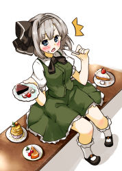Rule 34 | 1girl, amonitto, blue eyes, cake, food, fork, from above, hairband, holding, konpaku youmu, looking at viewer, mary janes, open mouth, shoes, short hair, silver hair, sitting, solo, touhou