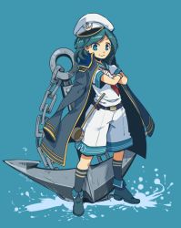 1girl anchor blue_background blue_eyes blue_theme boots chain coat crossed_arms gloves green_hair hat medium_hair military military_uniform murasa_minamitsu naval_uniform shorts simple_background smile solo sunken_fossil_world tami_(joemanyodw) touhou