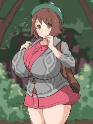 Rule 34 | 1girl, @sabonbold, bag, blush, breasts, brown eyes, brown hair, bursting breasts, bush, casual, cowboy shot, creatures (company), curvy, dot nose, female focus, game freak, gloria (pokemon), grass, hat, highres, huge breasts, looking at viewer, nintendo, outdoors, pink skirt, pokemon, pokemon swsh, shiny skin, short hair, skirt, solo, standing, thick thighs, thighs, tree, w arms, worried
