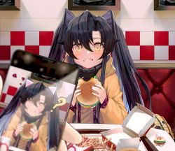 Rule 34 | 1girl, :i, ?, animal ears, black hair, blurry, blush, burger, cat ears, cellphone, cellphone photo, depth of field, drawn whiskers, eating, face filter, fast food, food, food on face, french fries, long hair, looking at viewer, original, phone, pov, pov across table, restaurant, solo focus, soya (torga), spoken question mark, whiskers, yellow eyes