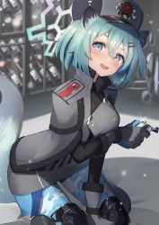 Rule 34 | absurdres, ammunition pouch, animal ears, between legs, blue archive, bottle, capelet, crossed bangs, e buki, epaulettes, flask, fur hat, gloves, green eyes, grey gloves, grey jacket, hair ornament, hairclip, hand between legs, hat, highres, hip flask, holding, holding flask, jacket, knee pads, light green hair, multicolored eyes, pantyhose, pink eyes, pouch, shigure (blue archive), short hair, sitting, tail, ushanka, wariza, weasel ears, weasel tail, wine bottle