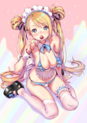 Rule 34 | 1girl, bikini, blonde hair, blue bra, blue eyes, blush, bra, breasts, bridal garter, candy, chupa chups, cleavage, detached collar, food, frilled bra, frills, highres, kink (tortoiseshell), lace, large breasts, lingerie, lollipop, long hair, looking at viewer, maid, maid bikini, oppai loli, original, panties, simple background, solo, swept bangs, swimsuit, thighhighs, twintails, unconventional maid, underwear, white thighhighs
