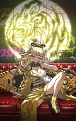 Rule 34 | 1girl, 2022, animal ears, belt, black ribbon, blonde hair, breasts, cat ears, cat girl, chinese zodiac, cleavage, closed mouth, commentary, couch, english commentary, english text, graffiti, grey belt, hair ribbon, highres, hoverboard, jacket, katouken (ktn-works), knee up, large breasts, logo, long hair, long skirt, long sleeves, looking at viewer, new year, off shoulder, on couch, original, ponytail, ribbon, shirt, shoes, sitting, skirt, smile, sneakers, solo, spotlight, spread legs, white shirt, wide sleeves, year of the tiger, yellow eyes, yellow footwear, yellow jacket, yellow skirt
