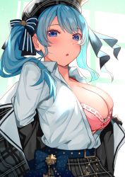 Rule 34 | 1girl, absurdres, alternate breast size, belt, beret, blue belt, blue eyes, blue hair, bra, breasts, cleavage, collared shirt, dress shirt, grey hat, grey jacket, grey skirt, hat, highres, hololive, hoshimachi suisei, hoshimachi suisei (1st costume), jacket, large breasts, long hair, long sleeves, looking at viewer, parted lips, pink bra, plaid, plaid headwear, plaid jacket, plaid skirt, shirt, skirt, solo, tonarikeru, unbuttoned, unbuttoned shirt, underwear, undressing, virtual youtuber, white shirt, wing collar