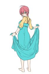 Rule 34 | 1girl, barefoot, blush, clothes lift, condom, condom in mouth, dress, dress lift, from behind, full body, green eyes, looking at viewer, looking back, mouth hold, red hair, short hair, simple background, solo, waero, white background