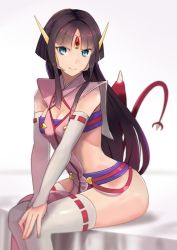 Rule 34 | 10s, 1girl, black hair, blue eyes, breasts, cleavage, closed mouth, cross ange, detached sleeves, dragon girl, dragon tail, dragon wings, forehead jewel, highres, hsin, japanese clothes, long hair, looking at viewer, medium breasts, parted bangs, revealing clothes, salamandinay, sitting, smile, solo, tail, thighhighs, v arms, very long hair, white thighhighs, wings